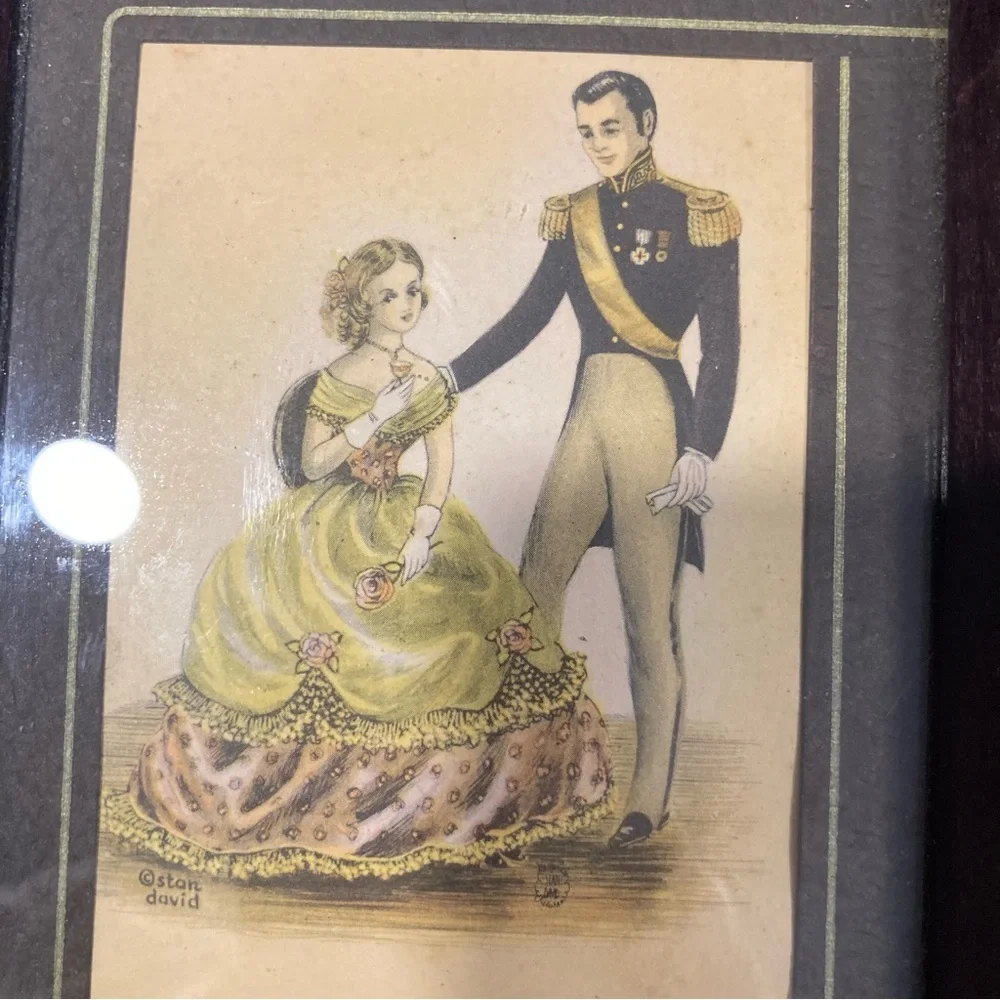 Pair Vintage Stan David 1970s Art Prints Featuring Victorian Couple Wood Frames